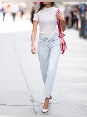 Jean Atelier Fold Over High Waist Straight Leg Jeans Light Wash Size 26 NWT